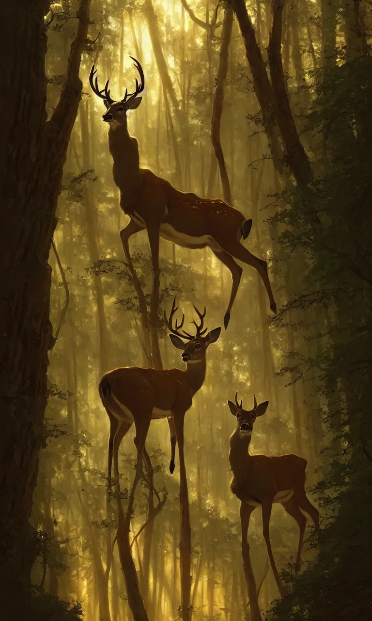 Image similar to Deer in Sherwood Forest, full frame, highly detailed, digital painting, artstation, concept art, smooth, sharp focus, illustration, art greg rutkowski and alphonse mucha