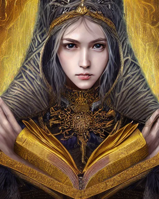 Prompt: highly detailed sharp photorealistic portrait of a beautiful female priestess with shimmering hair, symmetrical face and eyes, dressed in intricate silk and gold,holding sacred scripture, cgsociety, Elden Ring, Dark Souls, Bloodborne