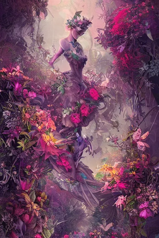 Prompt: beautiful digital matte painting of whimsical botanical illustration beautiful flowers enchanted dark background dark contrast by android jones, cyberpunk