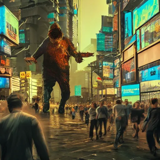 Image similar to crowd running scared from a giant with a bitcoin in his head, cyberpunk art, hyper-realistic, 4k