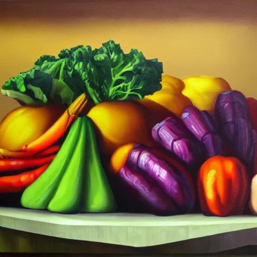 Image similar to a cornucopia of evil vegetables, oil on canvas