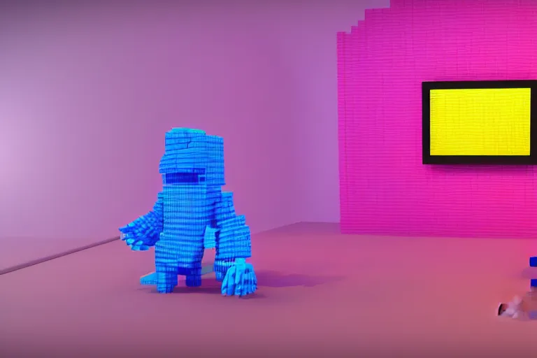 Image similar to a 3d voxel character crawling out of 2d pixels on a tv screen, colorful living room