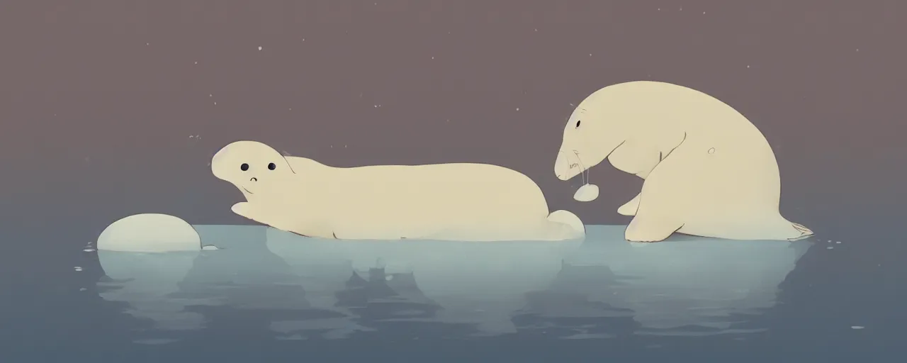 Image similar to a baby harp seal sinking into arctic ocean, atey ghailan, goro fujita, studio ghibli, rim light, scary lighting, clear focus, very coherent,