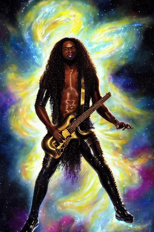 Prompt: beautiful oil painting with high detail of a black man with long curly hair made of stars and nebulas, holding a futuristic electric guitar and art direction by James Cameron; by artgerm; wayne reynolds art station; cinematic quality character render; low angle; ultra high quality model; production quality cinema model; Fleshless