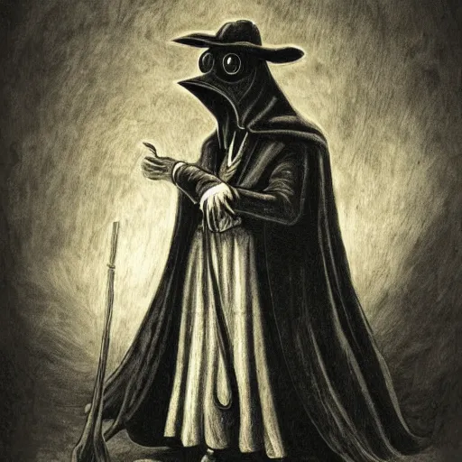 Prompt: Traditional plague doctor with her cane in hand