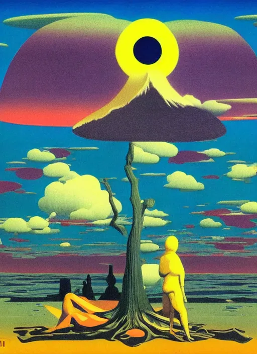 Image similar to Japan travel and tourism c2050, surrealist psychedelic painting in the style of Oxygene, Magritte, Roger Dean, Yoshio Awazu, vivid color