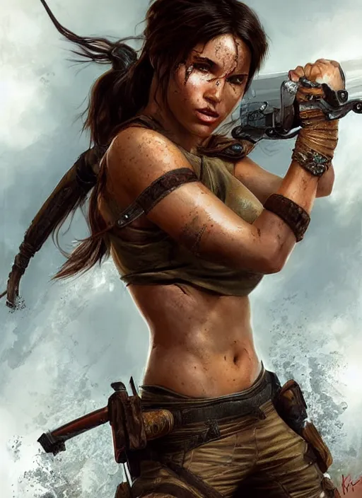 Image similar to Lara Croft as Tomb raider, intricate details, art by Artgerm and Karol Bak