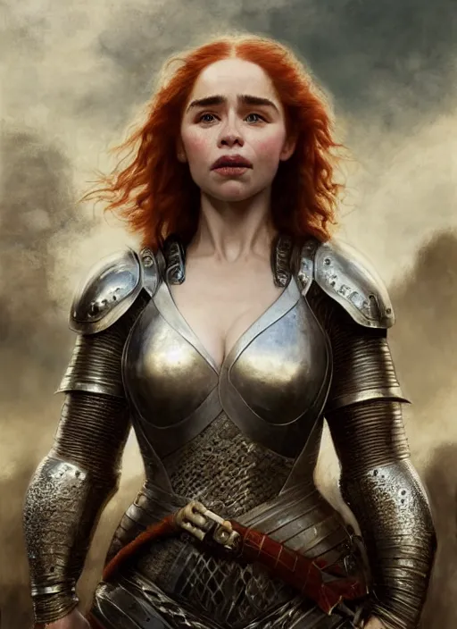 Prompt: short muscular redheaded woman wearing realistic medieval armour, emilia clarke, staring seductively, detailed by gaston bussiere, bayard wu, greg rutkowski, giger, maxim verehin, greg rutkowski, masterpiece, sharp focus, cinematic lightning