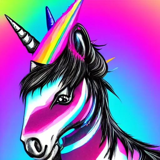 Prompt: digital illustration of a black punk rock unicorn with a rainbow mohawk, vibrant, colorful, photorealistic, deviantArt, artstation, artstation hq, hd, 8k resolution