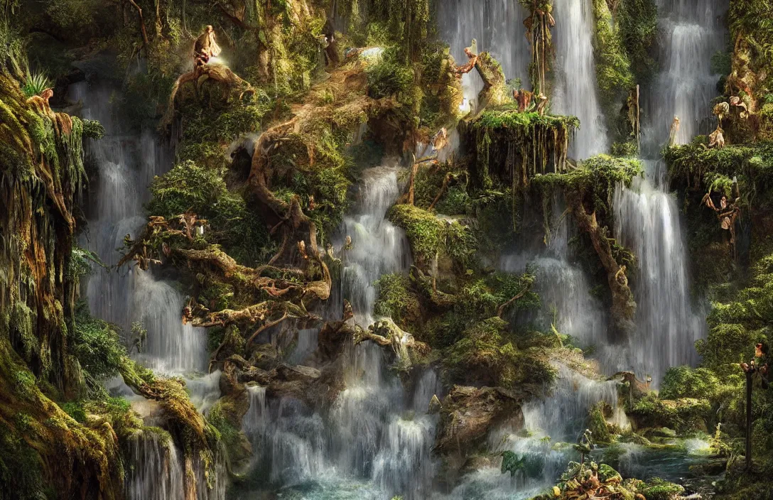 Image similar to a highly detailed textured waterfall, detailed dreamscape, hyperreal phantastic, intricate details in environment, golden ratio, high aestehtic, cinematic light dramatic light, lightrays, distance, photobash, wideangle, hyperreal 4 k