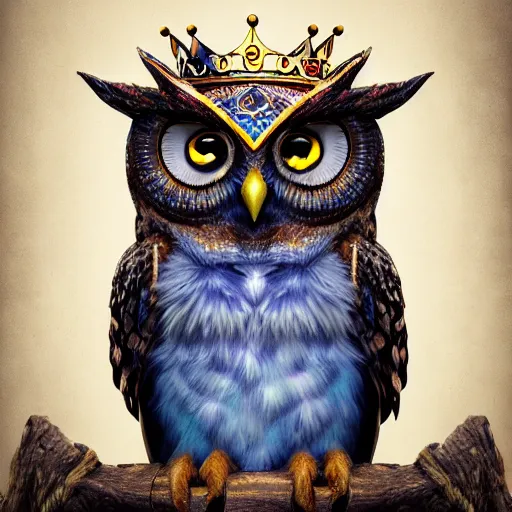 Prompt: cute owl, charactor, with big blue eyes, with a crown on his head, magical, warrior, hyper detailed, stylistic, symmetrical, 3 d render, photorealitic, 8 k, octane render