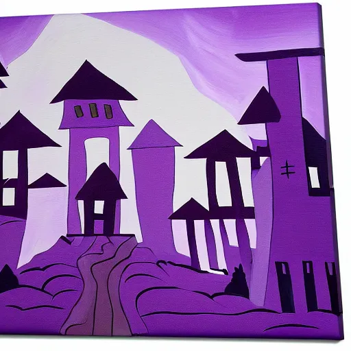 Prompt: painting canvas of lavender town, terrifying, purple dim light, ghosts flying