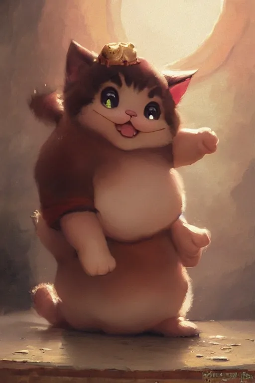 Image similar to a very cute kawai little fat baby cat smiling and proud from dr slump, beautiful painting by louis remy mignot, greg rutkowski, ilya repin, nice lighting, smooth tiny details, soft and clear shadows, low contrast, perfect