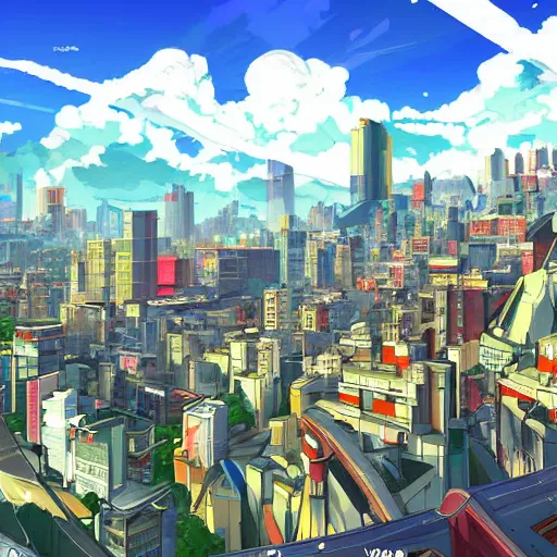 Image similar to futuristic city on a mountainside, red - yellow - blue buildings, city, city on mountainside, clouds around buildings, cel - shaded, raytracing, cel - shading, toon - shading, 2 0 0 1 anime, flcl, jet set radio future, drawn by artgerm