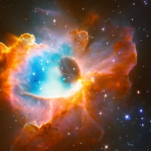 Image similar to a back hole slowly absorbing a nebula, outer space, hubble telescope, james webb telescope, pulsar