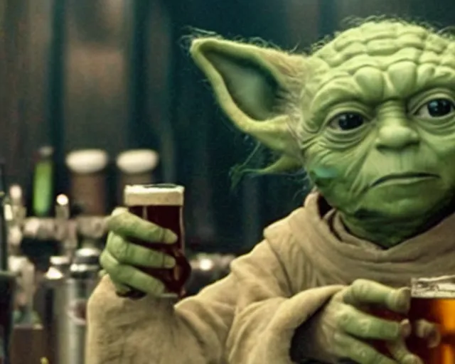 Image similar to film still of yoda drinking beer in a crowded bar in the new star wars movie 4 k