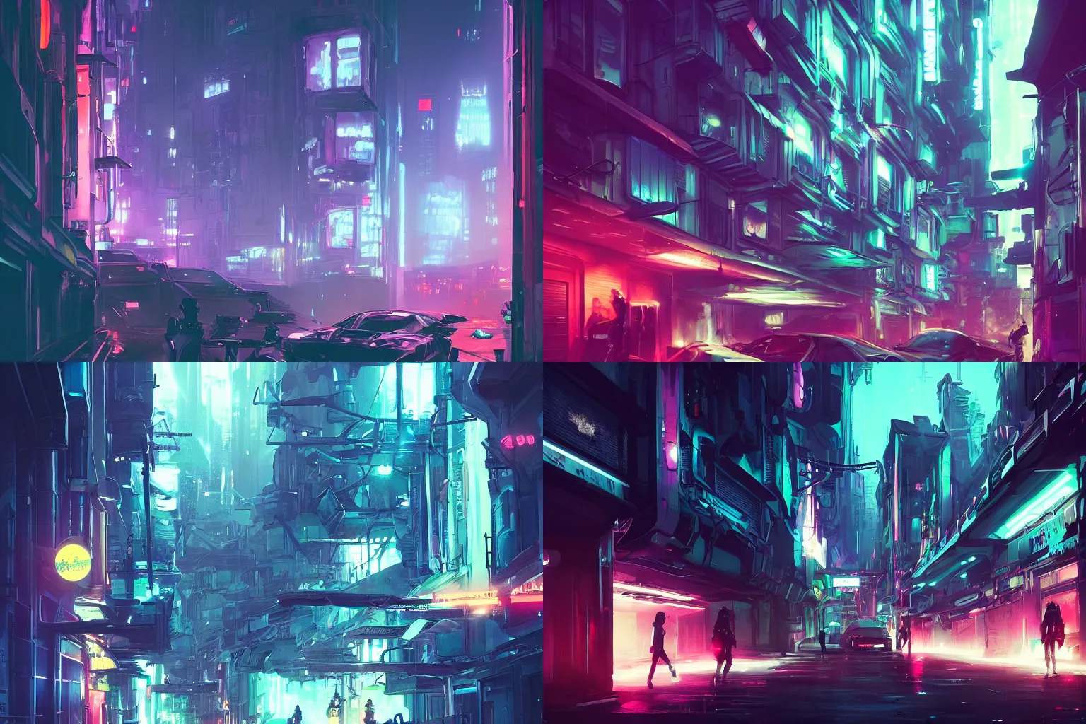 Prompt: concept art of an alley in a futuristic city by liam wong and anato finnstark, silhouettes of people, futuristic vehicles, matte, neons, wide angle, atmospheric, cinematic