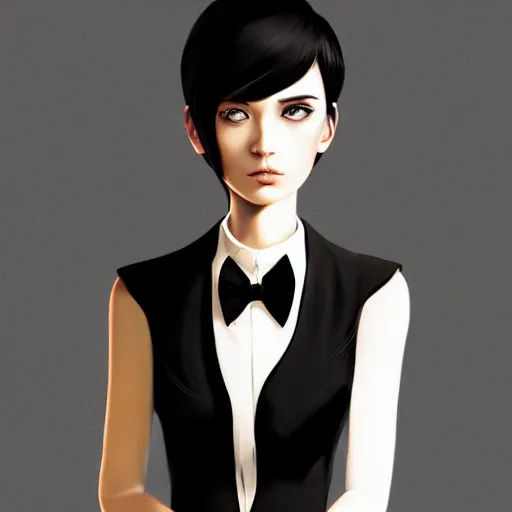 Image similar to slim girl in tuxedo with short black hair, elegant, 2d, ultra highly detailed, digital painting, smooth, sharp focus, artstation, art by Ilya Kuvshinov