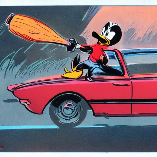Prompt: shocking and horrifying picture of Donald Duck smashing his car with a hammer. leather jacket, black makeup. character design by Bruce Pennington, detailed, inked, western comic book art