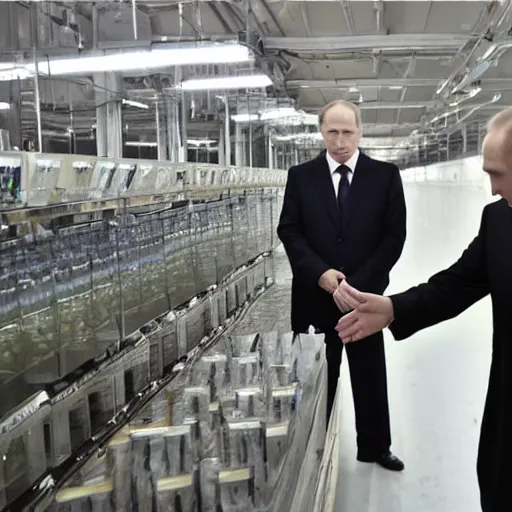 Image similar to vladimir putin inspecting the quality of soap in a soap factory