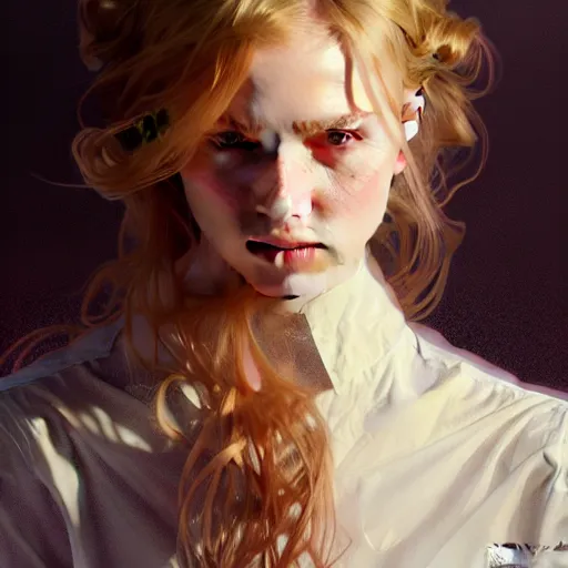 Image similar to portrait of a scottish teenage girl with dark blonde hair, glowing skin, intelligent face, fantasy, intricate, elegant, dress shirt, highly detailed, digital painting, artstation, concept art, smooth, sharp focus, illustration, art by Krenz Cushart and Artem Demura and alphonse mucha