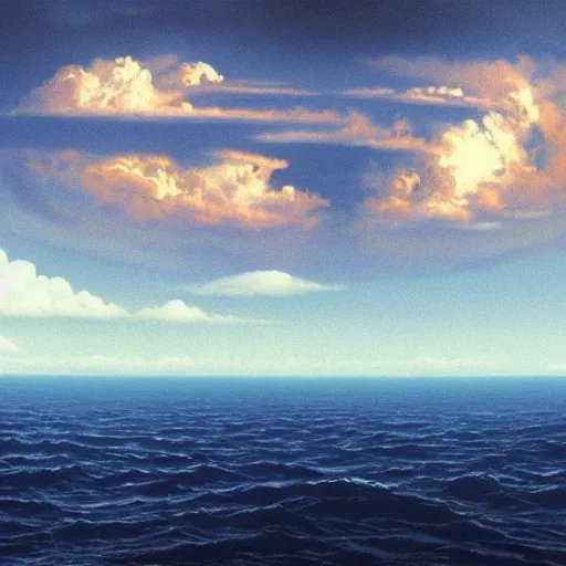 Image similar to beautiful matte painting of a dreamy ocean with clouds, sci - fi, daylight, blue sky, cinematic lighting, cinematic perspective big black planet above, syd mead, john harris, federico pelat, detailed, 4 k, hd