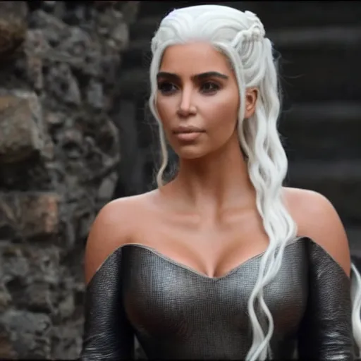 Prompt: A still of Kim Kardashian as Daenerys Targaryen