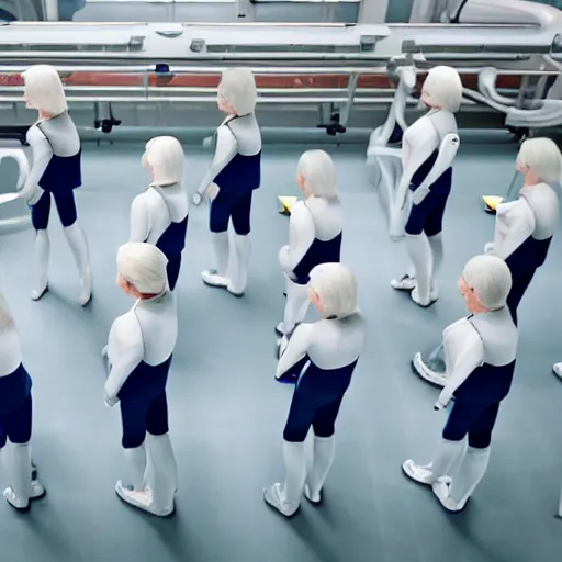 Image similar to line of six identical athletic female clones in formation, white hair, tight light blue neopren suits, elevated conveyor belt, futuristic chemistry lab, sci - fi, highly detailed, cinematic