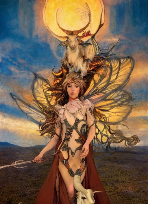 Prompt: symmetry! half length portrait of a biblical diabolical fairy witch girl burning riding a cute goat, fire, clouds, sunset, studio light, by mikhail vrubel, by peter elson, muted colors, extreme detail, trending on artstation, 8 k