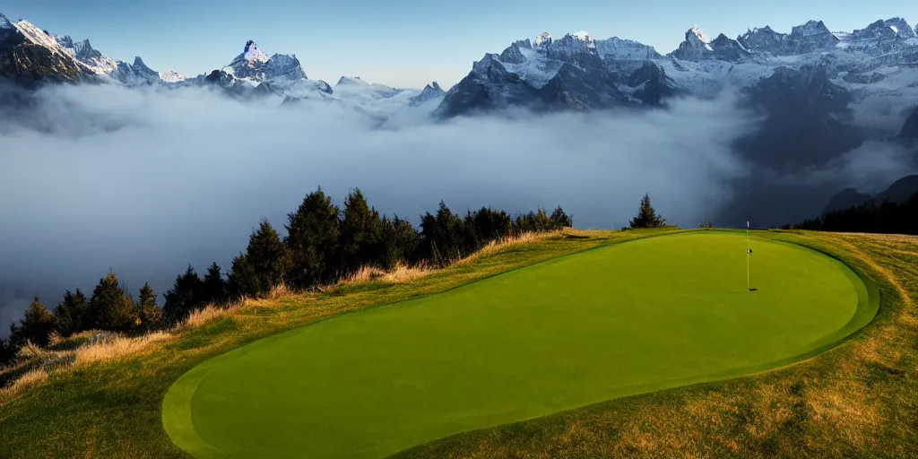 Image similar to a great photograph of the most amazing golf hole in the world, perfect light, over a cliff, in the swiss alps, high above treeline, ambient light, 5 0 mm, golf digest, top 1 0 0, fog