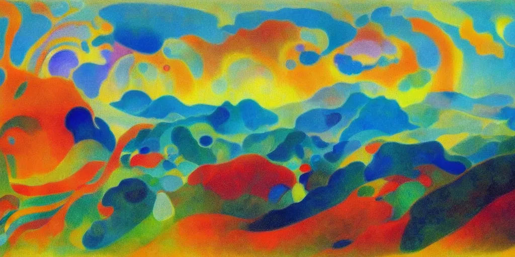 Image similar to An insane, modernist landscape painting. Wild energy patterns rippling in all directions. Curves, organic, zig-zags. Mountains, clouds. Rushing water. Waves. Psychedelic dream world. Odilon Redon. Agnes Pelton. Peter Max.