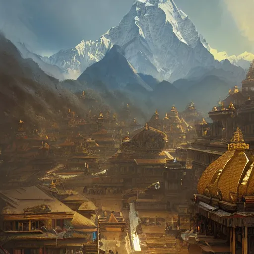 Image similar to ultra wide painting of nepal in year 2 0 7 7, ultra realistic, concept art, intricate details, eerie, highly detailed, photorealistic, octane render, 8 k, unreal engine. art by artgerm and greg rutkowski and alphonse mucha