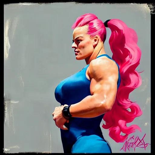 Prompt: greg manchess portrait of margot robbie as thick very muscular weightlifter zarya from overwatch with ponytail and curly pink hair, eyes closed, medium shot, asymmetrical, profile picture, organic painting, sunny day, matte painting, bold shapes, hard edges, street art, trending on artstation, by huang guangjian and gil elvgren and sachin teng