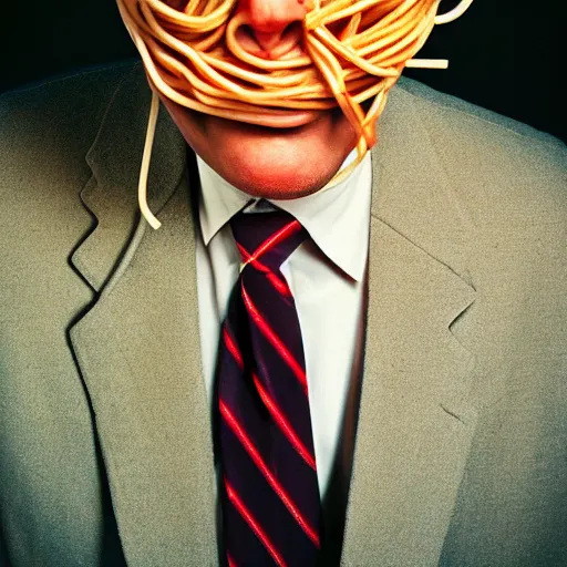 Image similar to spaghetti face man in a suit by john rafman in color, portrait, film photography, direct flash, highly detailed, sharp,