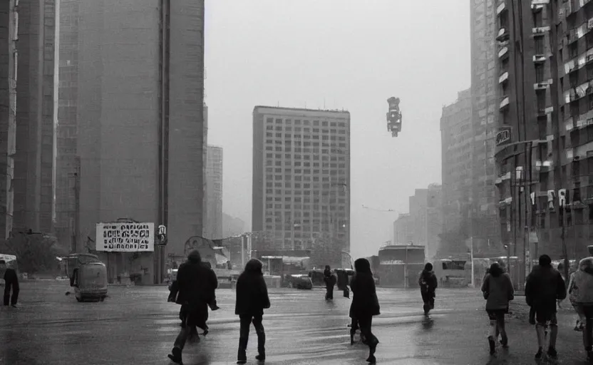 Image similar to 70s movie still of a soviet street with pedestrians with soviet high rise in the backround , Cinestill 800t 18mm beuatiful black and white, heavy grainy picture, very detailed, high quality, 4k panoramic, dramatic lightning, neon billboards and streetlight at night, rain, mud, foggy, big sculpture of Lenin on a square