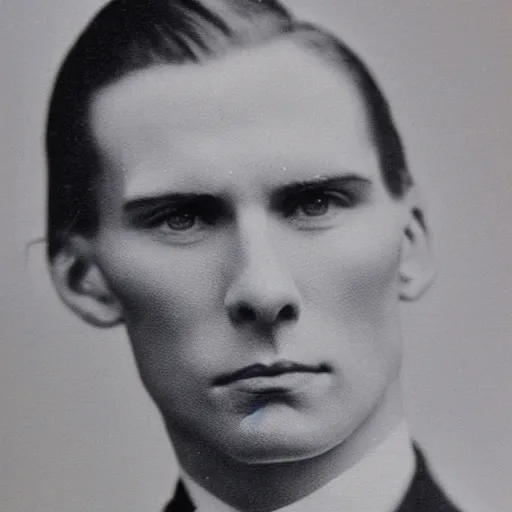 Image similar to A photograph portrait of Jerma985 with slicked back hair in the early 1900s, taken in the early 1900s, grainy, taken on a early 1900s Kodak Camera, realistic, hyperrealistic, very realistic, highly detailed, very detailed, extremely detailed, detailed, digital art, trending on artstation