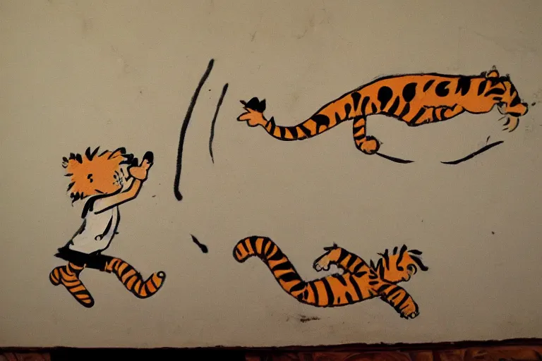 Image similar to calvin and hobbes in cave painting style