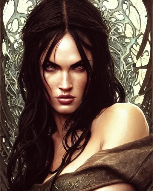 Image similar to portrait of megan fox as an elven mage, dark, piercing eyes, gentle expression, elegant clothing, photorealistic, highly detailed, artstation, smooth, sharp focus, art by michael whelan, artgerm, greg rutkowski and alphonse mucha