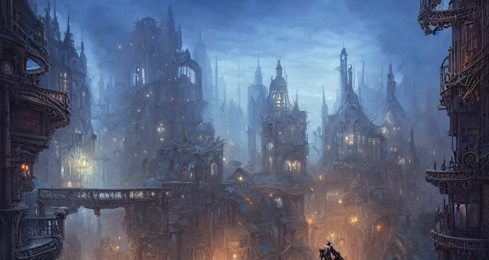 Image similar to landscape painting of fantasy metal steampunk city that has a light blue glow with walkways and lit windows and you can very clearly see a fine detailed hooded thief in browns leathers climbing one of the tall buildings using a rope, fine details, magali villeneuve, artgerm, rutkowski