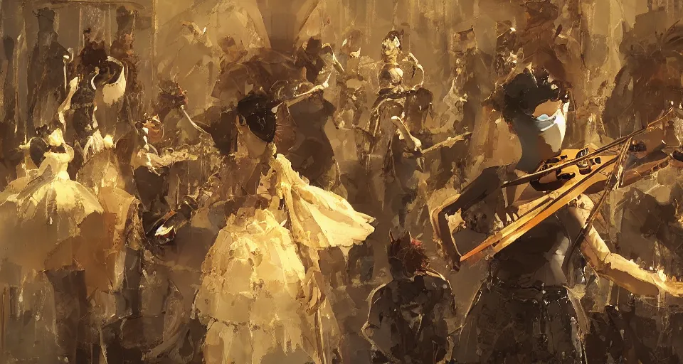 Prompt: craig mullins and ghibli digital art of on the stage, a masked female violinists ， exotic costumes, gold jewelry, black hair, realistic shading, cinematic composition, realistic render, octane render, detailed textures, photorealistic, wide shot