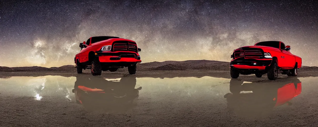 Image similar to dodge ram red power wagon speeding on wet salt flats at night, reflections, long exposure, milky way, Sayem Reza, poster