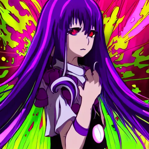 Prompt: ethereal AMV purple haired anime girl wearing a schoolgirl outfit floating in a psychedelic apocalypse in the style of Demon-Slayer