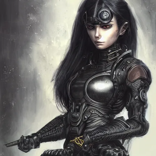 Image similar to portrait of a female dark elf witch by ayami kojima, she is about 2 0 years old, american, black hair, introvert, she is wearing a modern tactical gear, scifi, highly detailed portrait, digital painting, artstation, concept art, smooth, sharp foccus ilustration, artstation hq