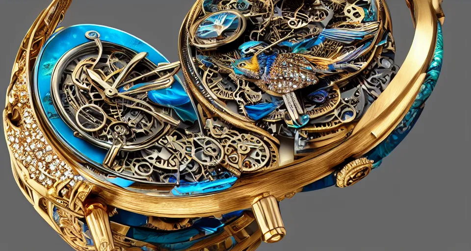 Image similar to a steampunk sleek, jewelled, tropical bird repeater watch by Jaquet Droz, highly detailed illustration highlights, gold and silver highlights, neon blue highlights, macro photography, F/2.8, trending on artstation, octane render