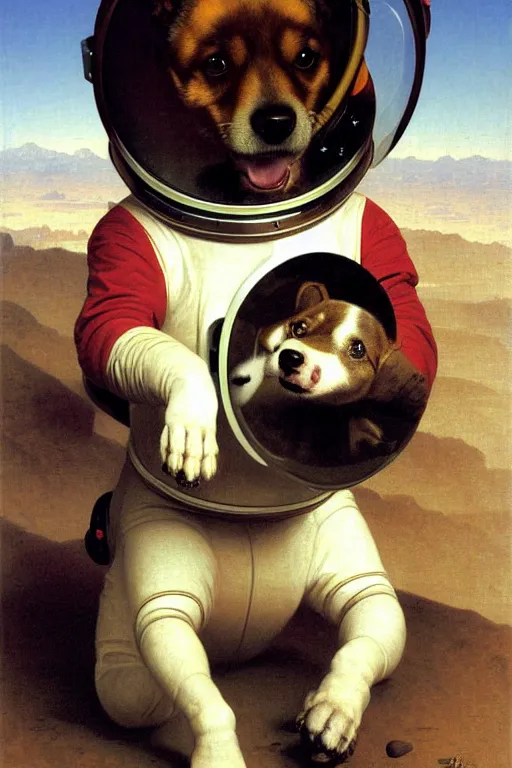 Image similar to portrait of a dog astronaut, wearing an astronaut helmet, by bouguereau