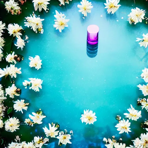 Image similar to centered bright perfume bottle standing in clear blue rippling water surrounded by a plethora of white flowers and tropical leaves and fauna upfront, with dreamy bright blue sky and clouds in the background, illumination lighting, sharp focus, surreal photography, vogue, hartper's bazaar, sephora,