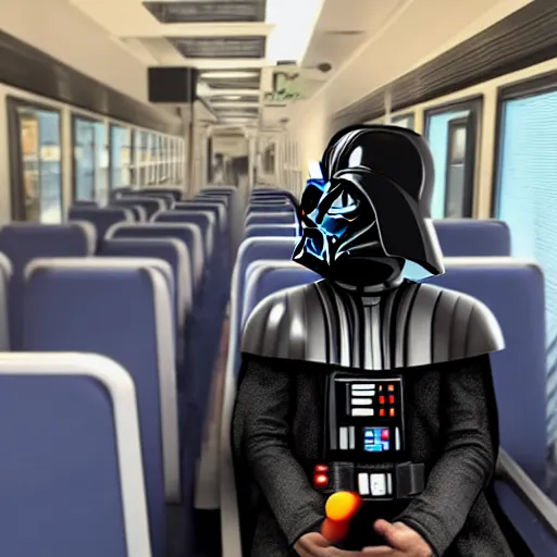 Image similar to of darth vader on his iphone on a train with a small rubber duck sitting next to him looking up at him the rest of the seats are taken up with storm troopers photorealistic