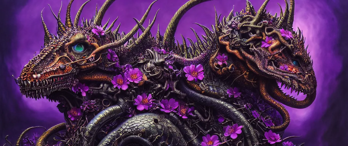 Prompt: hyperrealistic hyper detailed neo-surreal 35mm portrait of cyborg dragon covered in gothic flowers matte painting concept art hannah yata dali very dramatic dark purple lighting low angle hd 8k sharp shallow depth of field