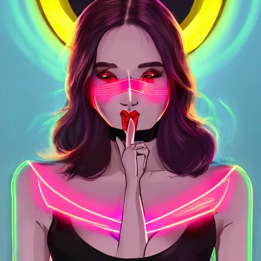 Prompt: confident woman, making a V sign hand gesture, hand on hip, gradient hair, heavy winged eyeliner, long fake lashes, overlined lipstick, subtle blush, mouth open with tongue sticking out, cross-eyed, in a neon lit sci-fi bar, trending on Artstation, digital art, in the style of artgerm and WLOP