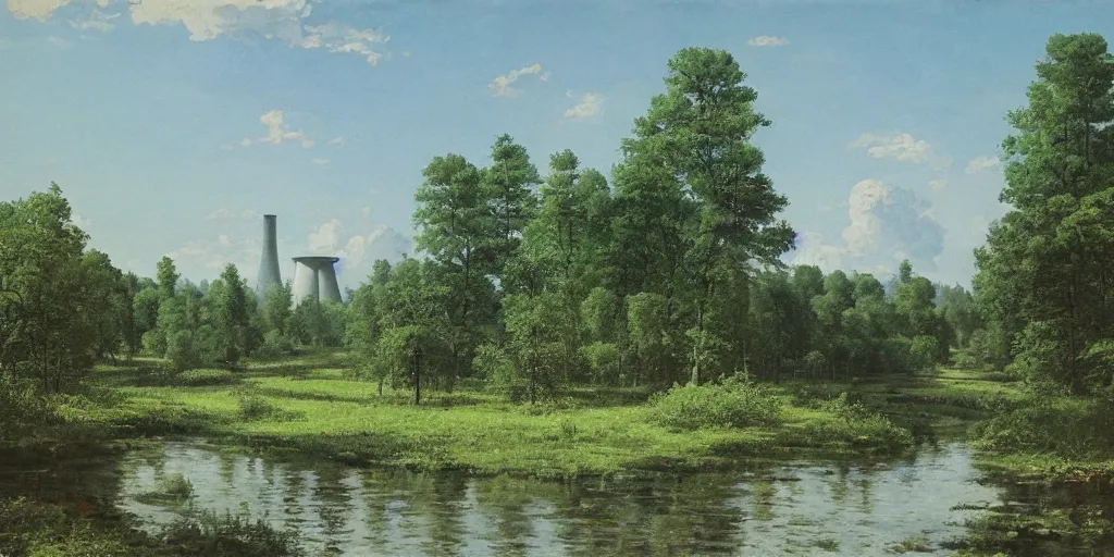 Prompt: clean and optimistic cooling tower, by a river and fields, ivan shishkin, studio ghibli